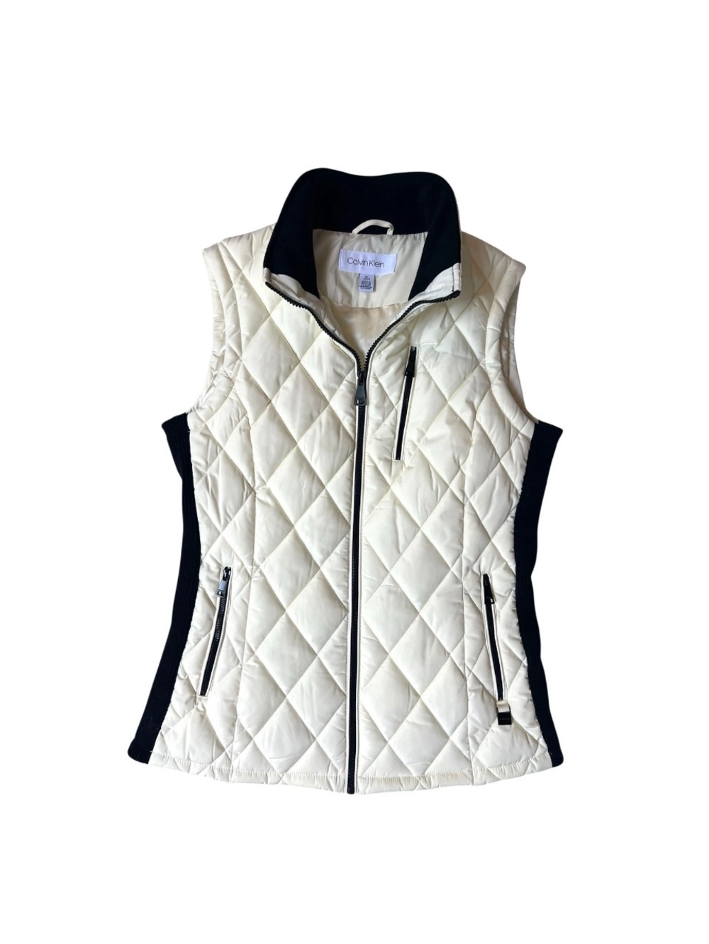 Calvin Klein Womens Diamond Quilted White Black Puffer Vest High Collar. Sz L